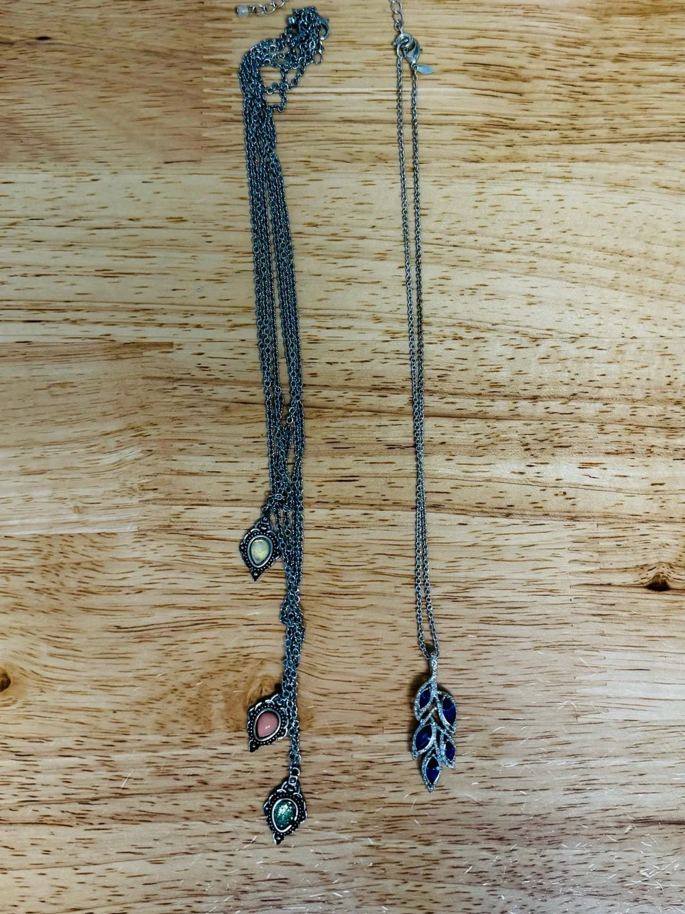 Multi-Stone Leaf Pendant Necklace in Silver Tone with Blue Accent